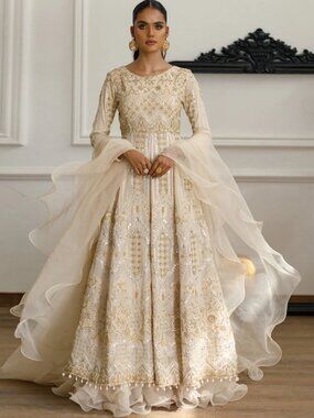 Threads & Motifs Beige Mirror Work Gown